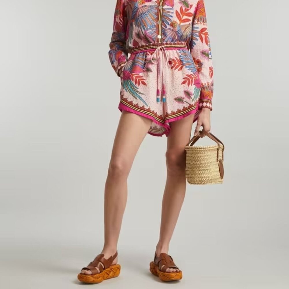 FARM RIO 🇧🇷 Pink Macaw Scarf Print Shorts | Linen Blend | Tropical Boho | L